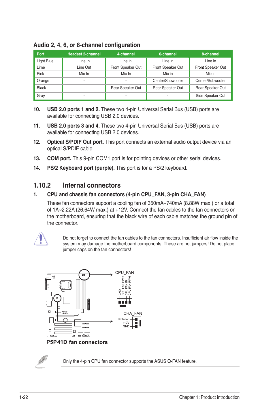 2 internal connectors, 2 internal connectors -22, Audio 2, 4, 6, or 8-channel configuration | Asus P5P41D User Manual | Page 32 / 58