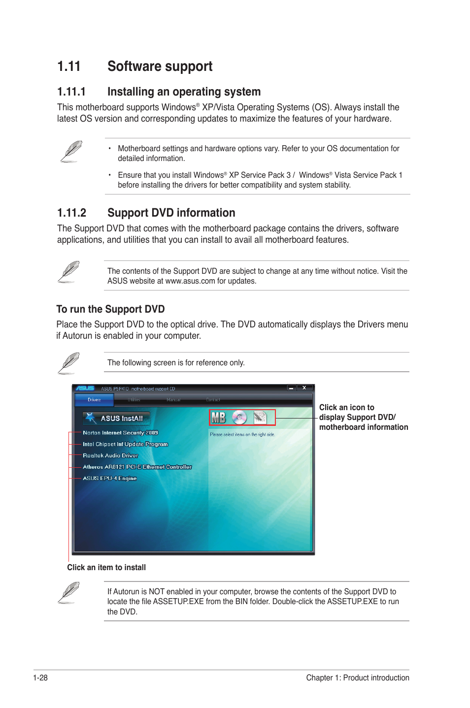 11 software support, 1 installing an operating system, 2 support dvd information | 11 software support -28 | Asus P5P41D User Manual | Page 38 / 58