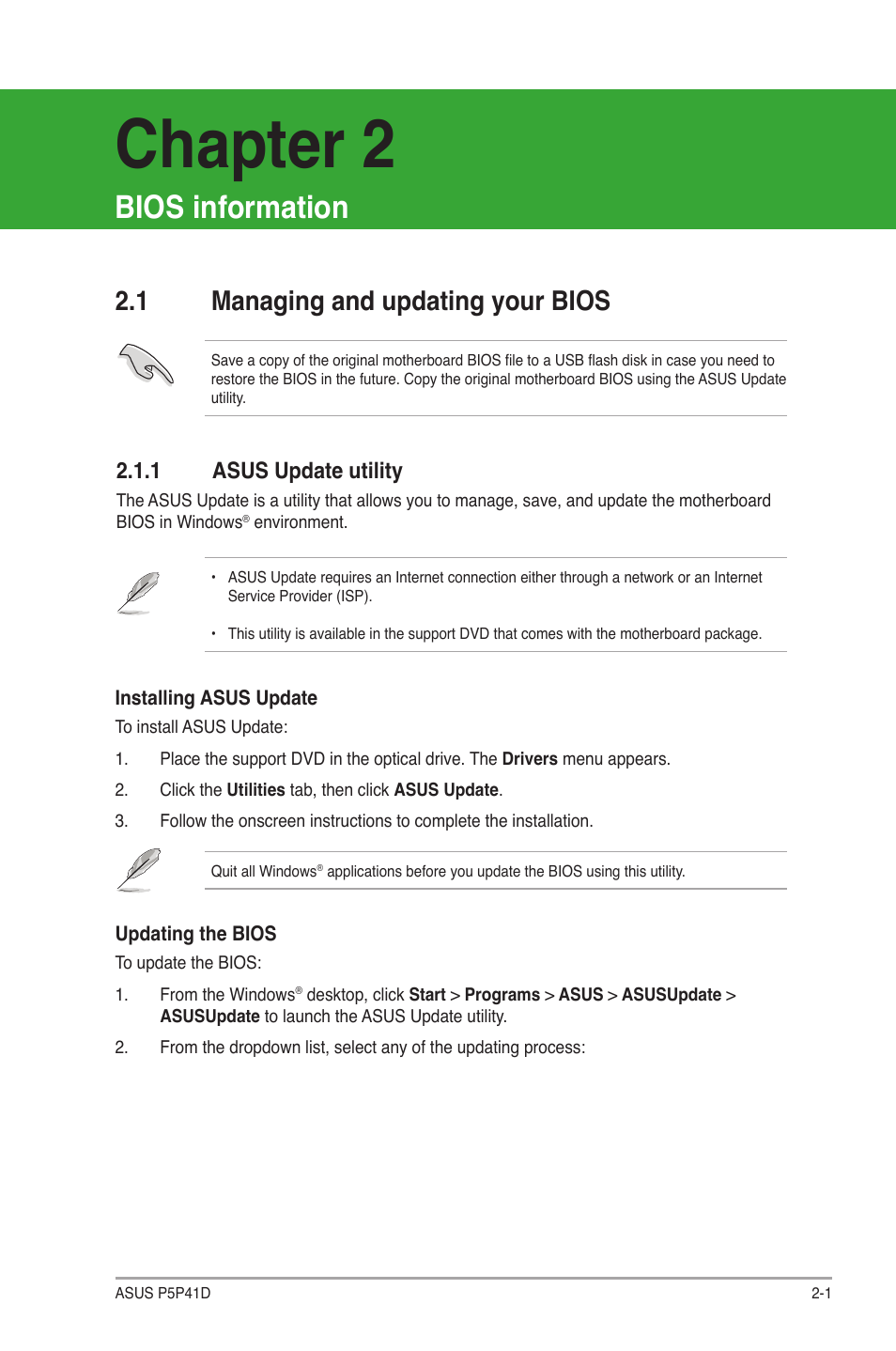 Bios information, 1 managing and updating your bios, 1 asus update utility | Managing and updating your bios -1 2.1.1, Asus update utility -1, Chapter 2 | Asus P5P41D User Manual | Page 39 / 58
