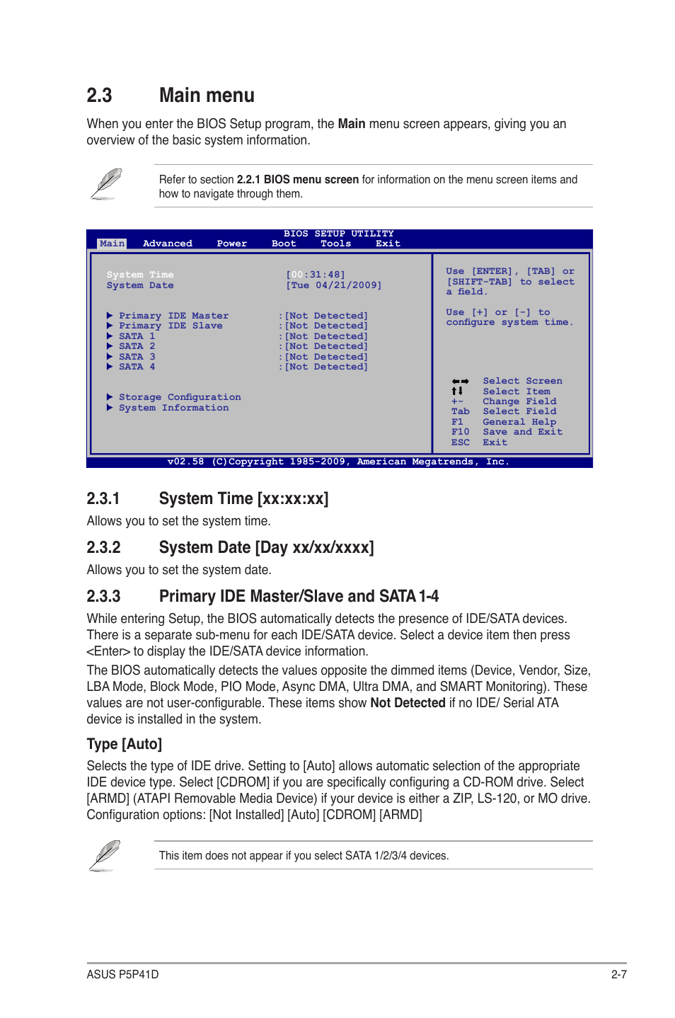 3 main menu, 1 system time [xx:xx:xx, 2 system date [day xx/xx/xxxx | 3 primary ide master/slave and sata 1-4, Main menu -7 2.3.1, System time -7, System date -7, Primary ide master/slave and sata 1-4 -7, Type [auto | Asus P5P41D User Manual | Page 45 / 58