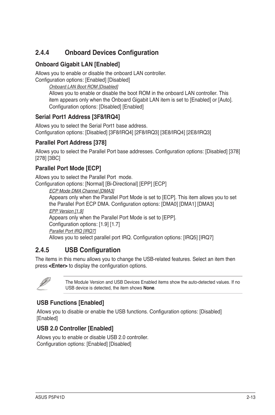 4 onboard devices configuration, 5 usb configuration, Onboard devices configuration -13 | Usb configuration -13 | Asus P5P41D User Manual | Page 51 / 58