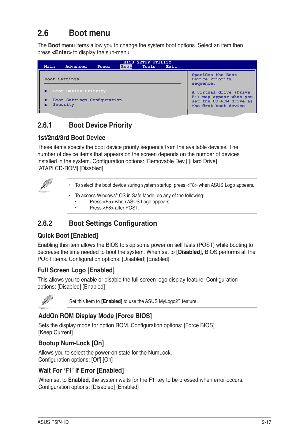 6 boot menu, 1 boot device priority, 2 boot settings configuration | Boot menu -17 2.6.1, Boot device priority -17, Boot settings configuration -17 | Asus P5P41D User Manual | Page 55 / 58