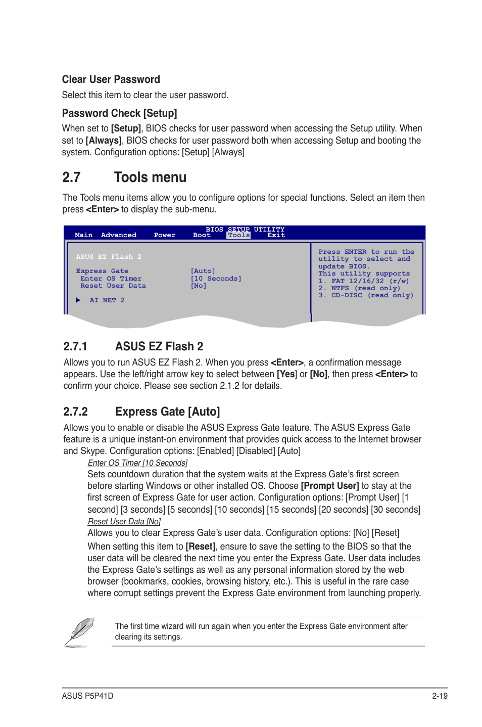 7 tools menu, 1 asus ez flash 2, 2 express gate [auto | Tools menu -19 2.7.1, Asus ez flash 2 -19, Express gate -19 | Asus P5P41D User Manual | Page 57 / 58