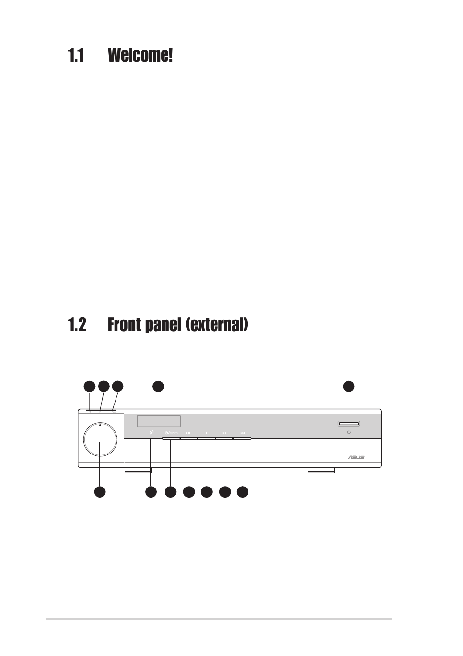 1 welcome, 2 front panel (external) | Asus DiGiMatrix User Manual | Page 12 / 158