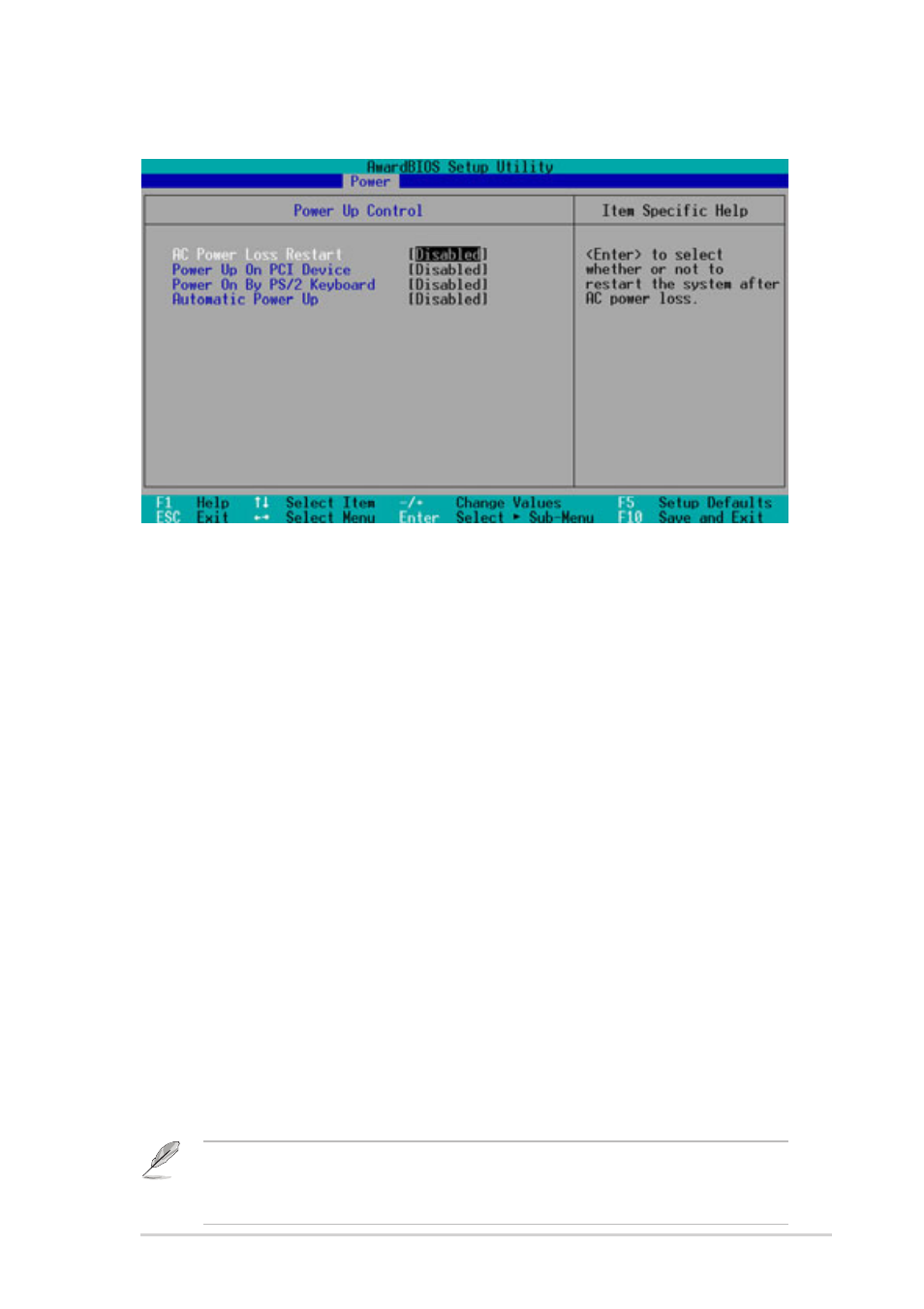 1 power up control, Ac power loss restart [disabled, Power up on pci device [disabled | Power on by ps/2 keyboard [disabled, Automatic power up [disabled | Asus DiGiMatrix User Manual | Page 141 / 158