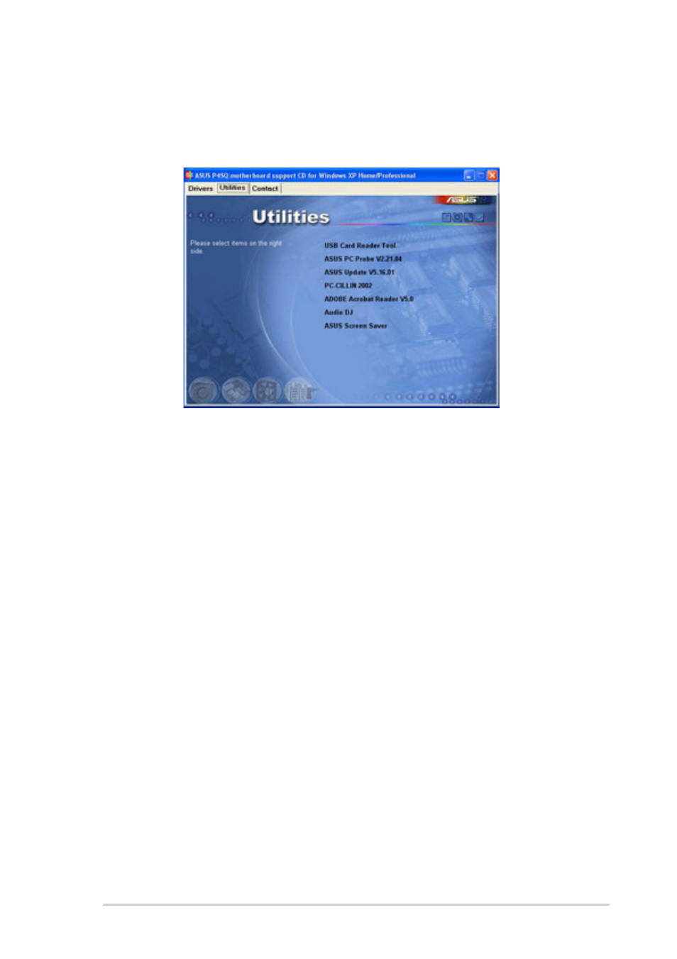 3 utilities menu, Usb card reader tool, Asus pc probe | Asus update, Pc-cillin 2002, Adobe, Acrobat reader | Asus DiGiMatrix User Manual | Page 37 / 158