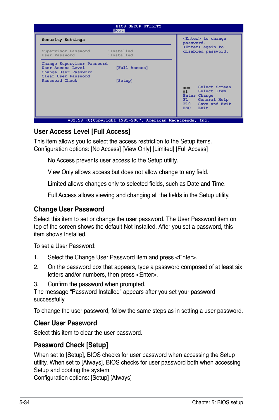 User access level [full access, Change user password, Clear user password | Password check [setup, Select this item to clear the user password | Asus V3-P5G33 User Manual | Page 103 / 106