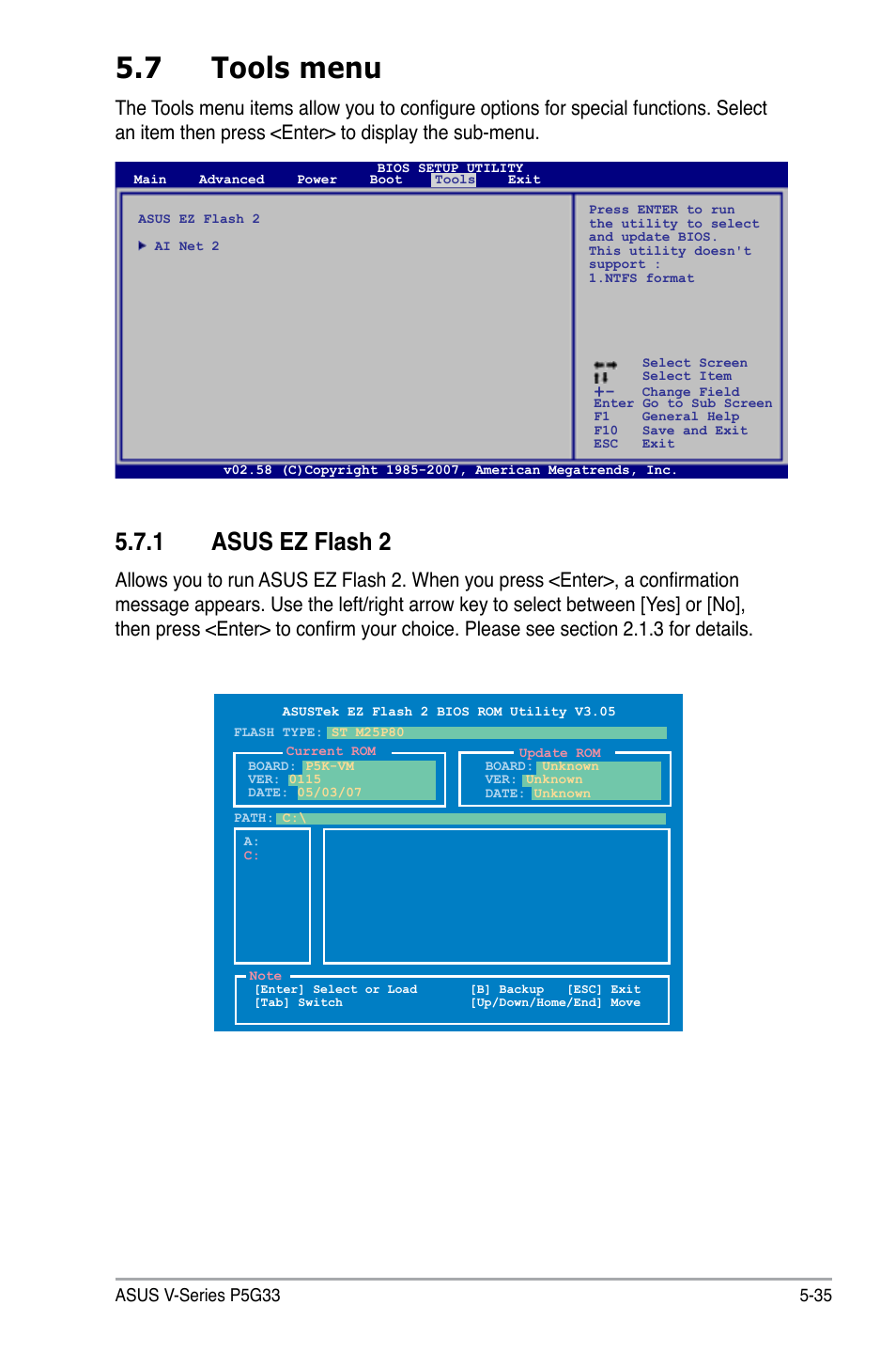 7 tools menu, 1 asus ez flash 2 | Asus V3-P5G33 User Manual | Page 104 / 106