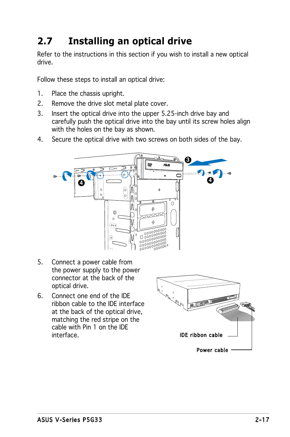 7 installing an optical drive | Asus V3-P5G33 User Manual | Page 35 / 106