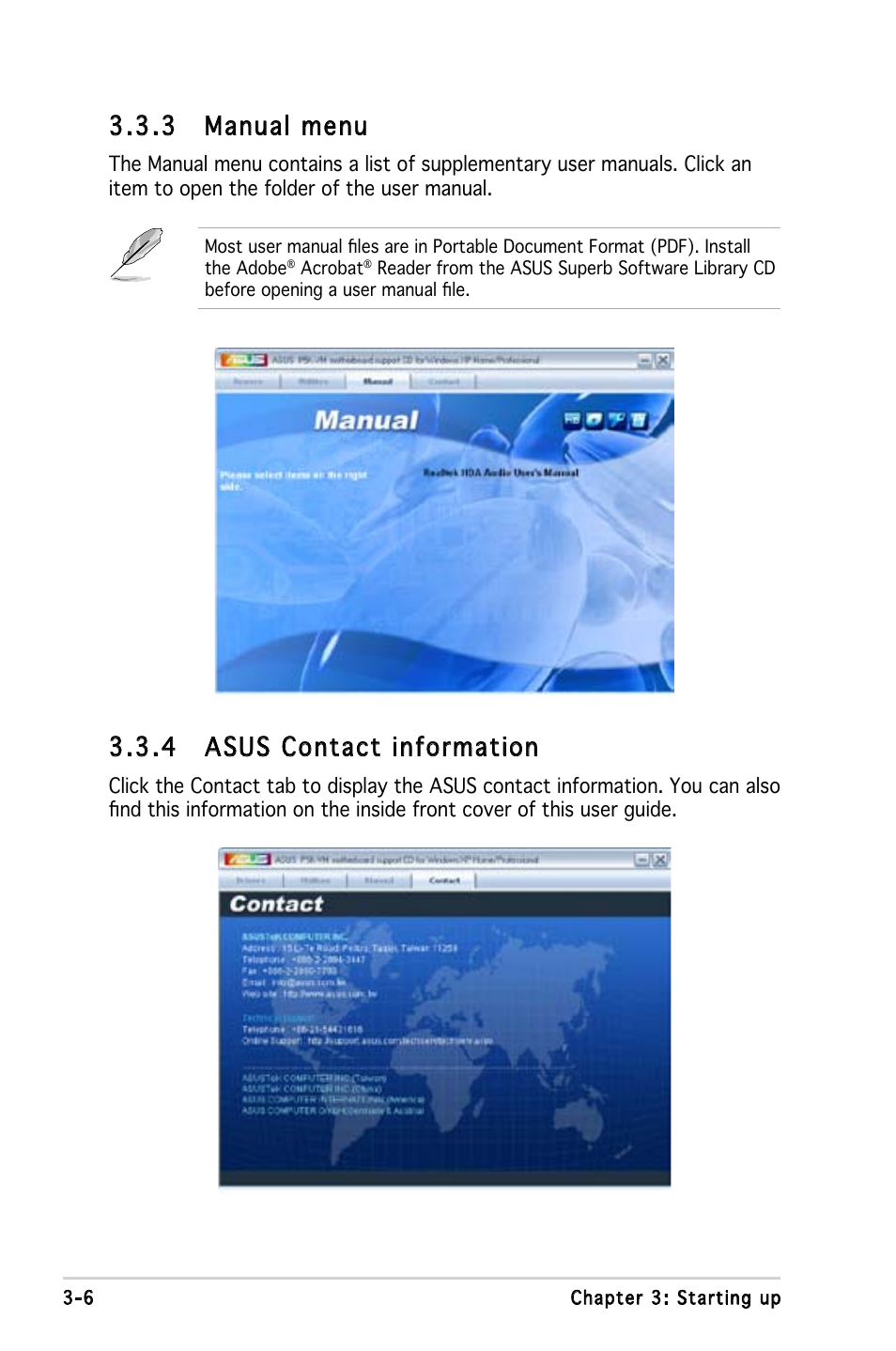 3 manual menu, 4 asus contact information | Asus V3-P5G33 User Manual | Page 48 / 106