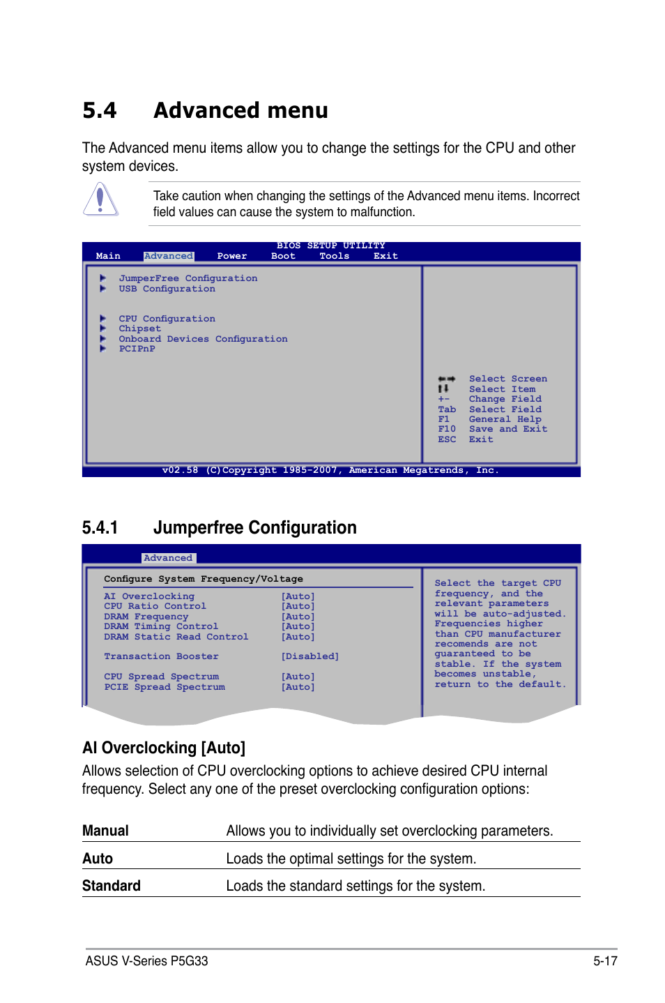 4 advanced menu, 1 jumperfree configuration, Ai overclocking [auto | Asus V3-P5G33 User Manual | Page 86 / 106