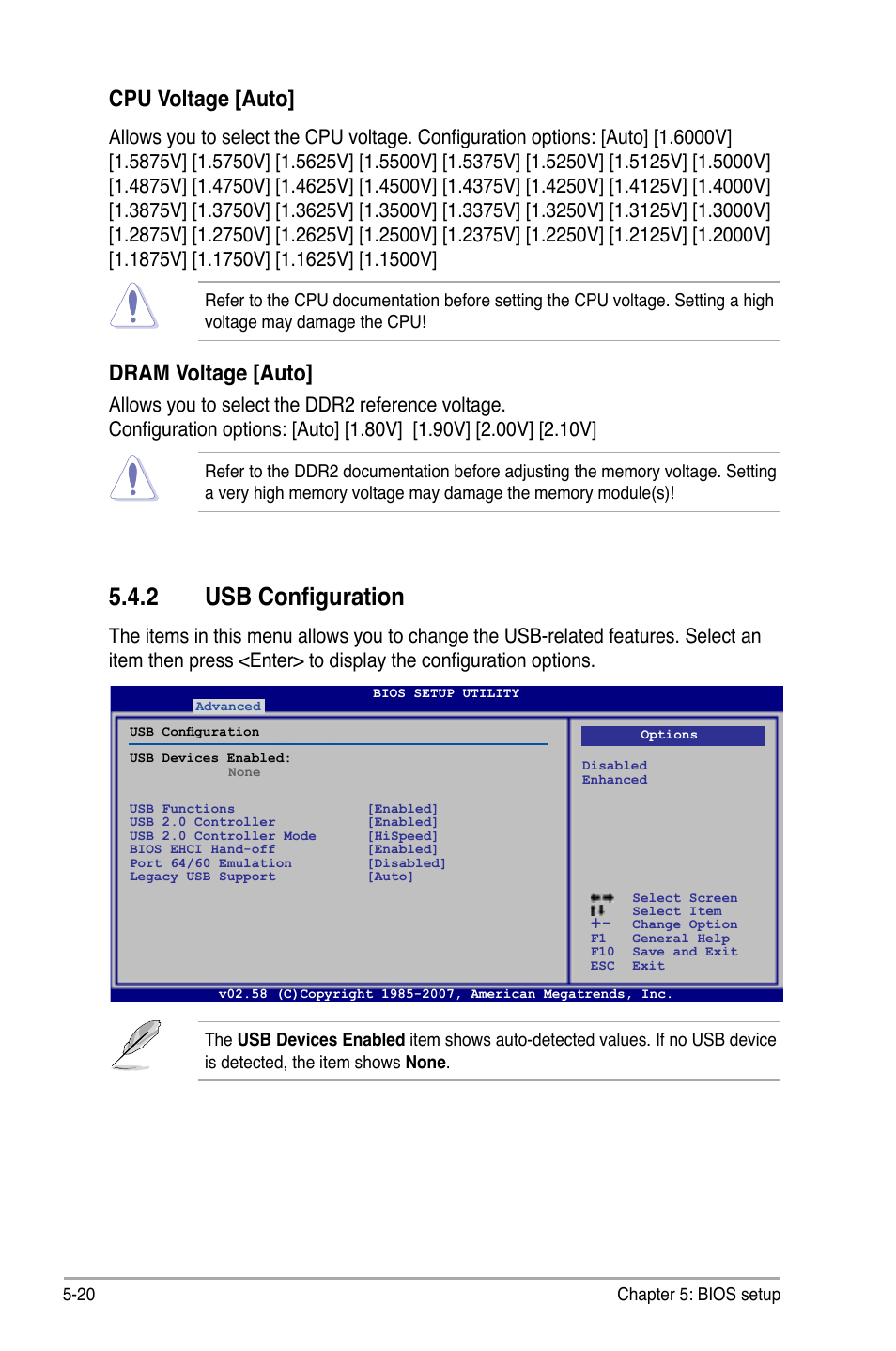 2 usb configuration, Cpu voltage [auto, Dram voltage [auto | Asus V3-P5G33 User Manual | Page 89 / 106