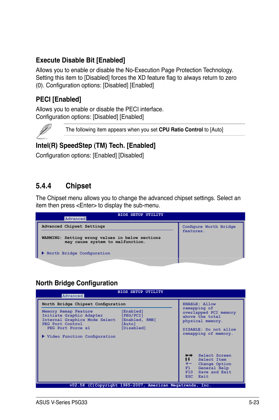 4 chipset, Execute disable bit [enabled, Peci [enabled | Intel(r) speedstep (tm) tech. [enabled, North bridge configuration, Configuration options: [enabled] [disabled | Asus V3-P5G33 User Manual | Page 92 / 106