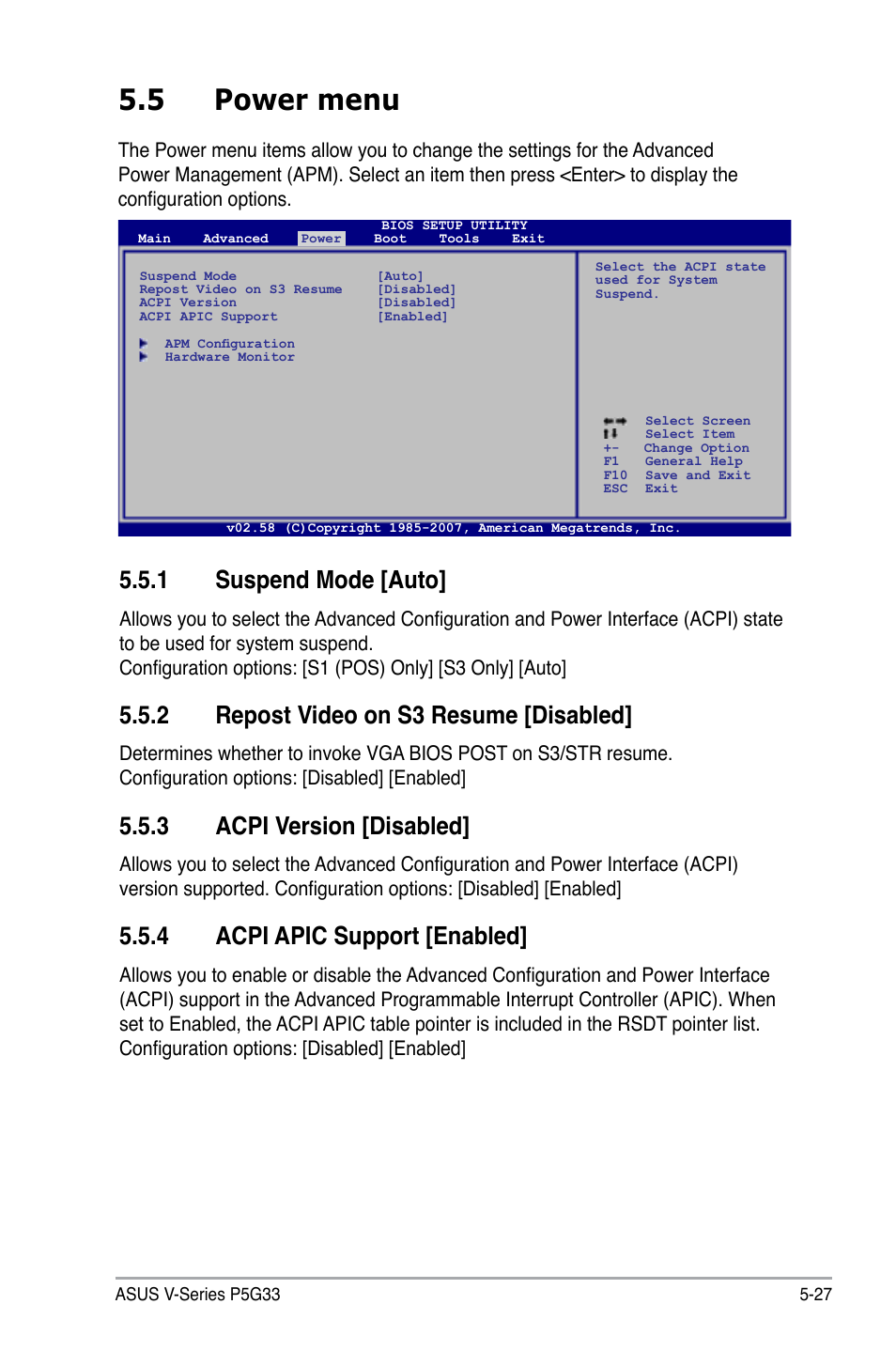 5 power menu, 1 suspend mode [auto, 2 repost video on s3 resume [disabled | 3 acpi version [disabled, 4 acpi apic support [enabled | Asus V3-P5G33 User Manual | Page 96 / 106