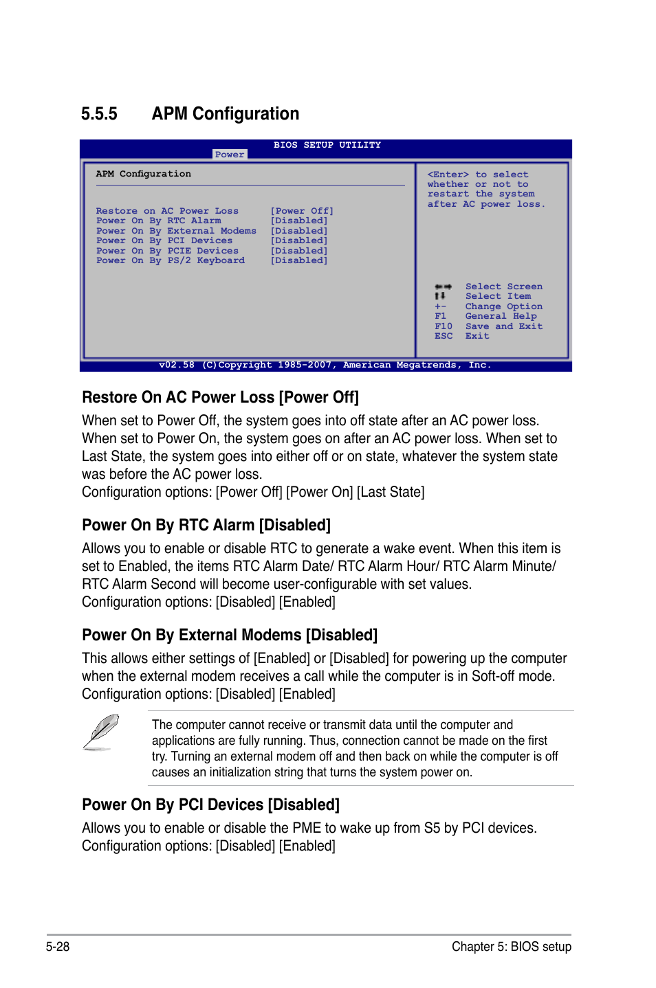 5 apm configuration, Restore on ac power loss [power off, Power on by rtc alarm [disabled | Power on by external modems [disabled, Power on by pci devices [disabled | Asus V3-P5G33 User Manual | Page 97 / 106