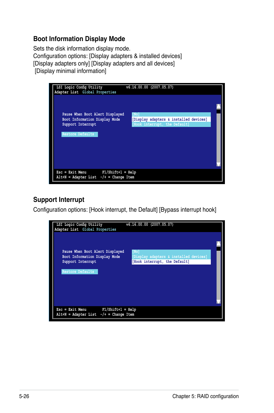 Boot information display mode, Support interrupt | Asus KFSN4-DRE/SAS User Manual | Page 120 / 144