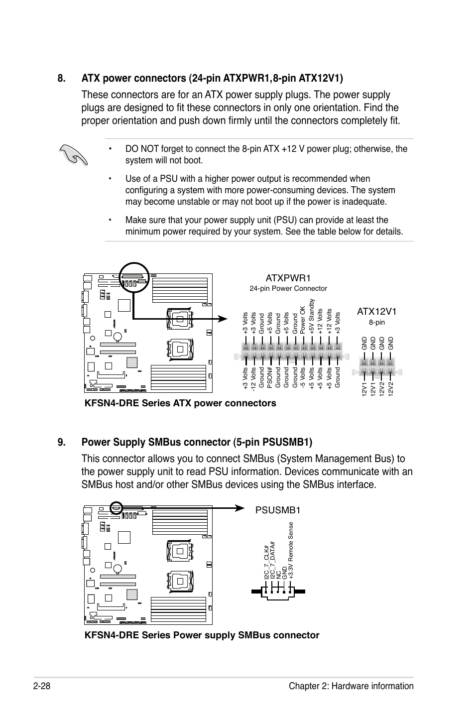 28 chapter 2: hardware information, Kfsn4-dre series atx power connectors, Atxpwr1 atx12v1 | Asus KFSN4-DRE/SAS User Manual | Page 48 / 144