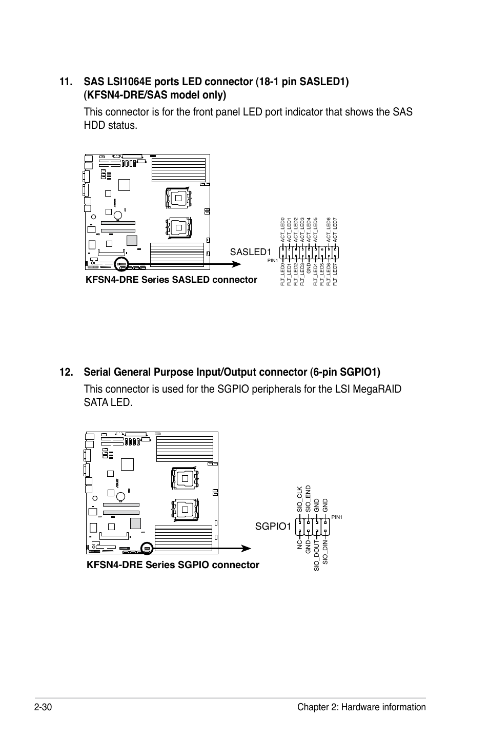 30 chapter 2: hardware information, Kfsn4-dre series sgpio connector sgpio1, Kfsn4-dre series sasled connector sasled1 | Asus KFSN4-DRE/SAS User Manual | Page 50 / 144