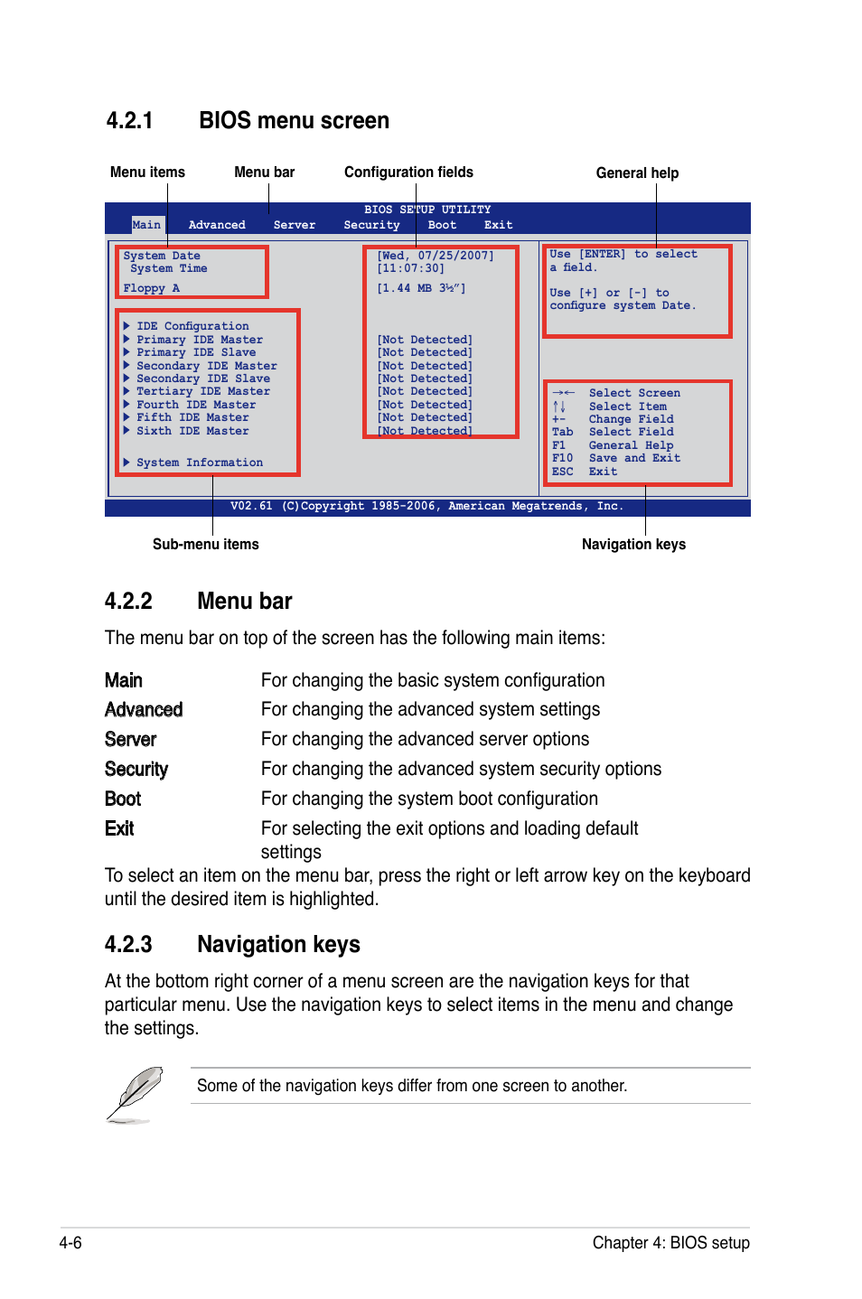 2 menu bar, 3 navigation keys, 1 bios menu screen | Asus KFSN4-DRE/SAS User Manual | Page 64 / 144