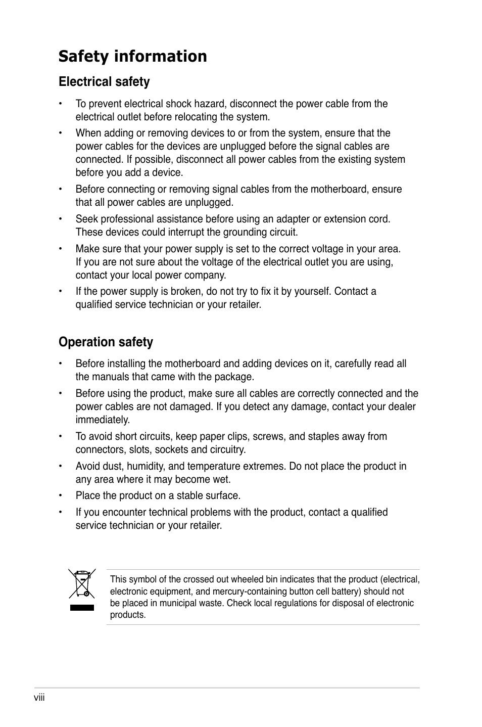 Safety information, Electrical safety, Operation safety | Asus KFSN4-DRE/SAS User Manual | Page 8 / 144