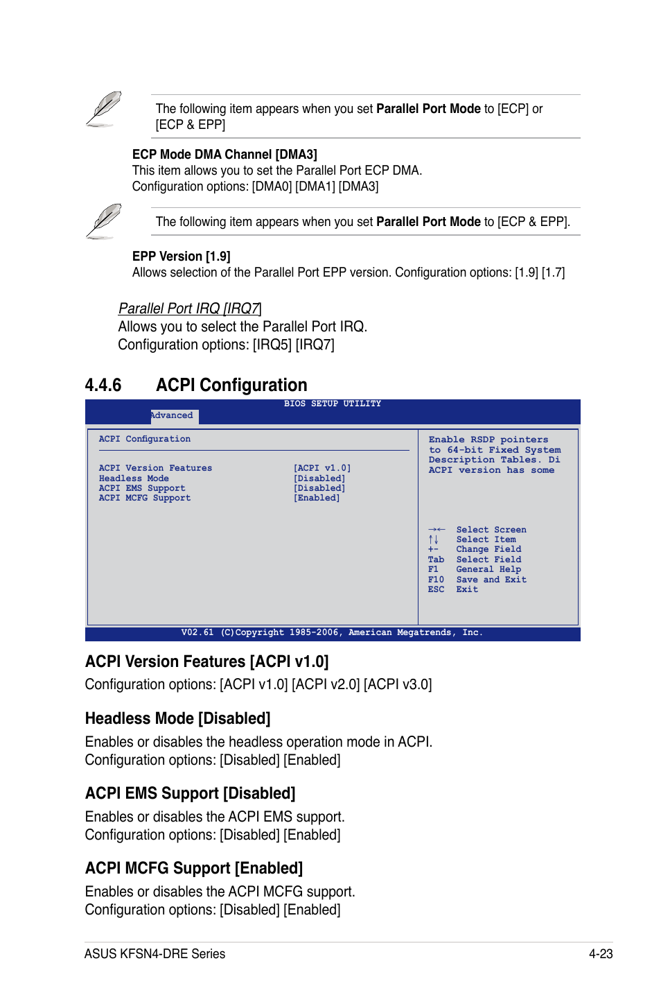 6 acpi configuration, Acpi version features [acpi v1.0, Headless mode [disabled | Acpi ems support [disabled, Acpi mcfg support [enabled | Asus KFSN4-DRE/SAS User Manual | Page 81 / 144