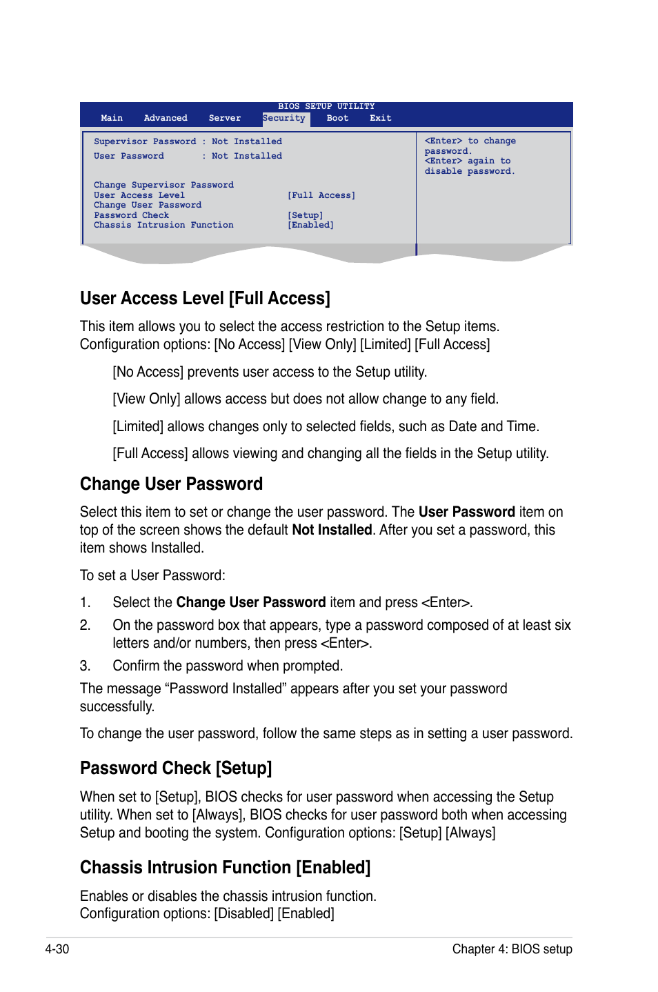 User access level [full access, Change user password, Password check [setup | Chassis intrusion function [enabled | Asus KFSN4-DRE/SAS User Manual | Page 88 / 144