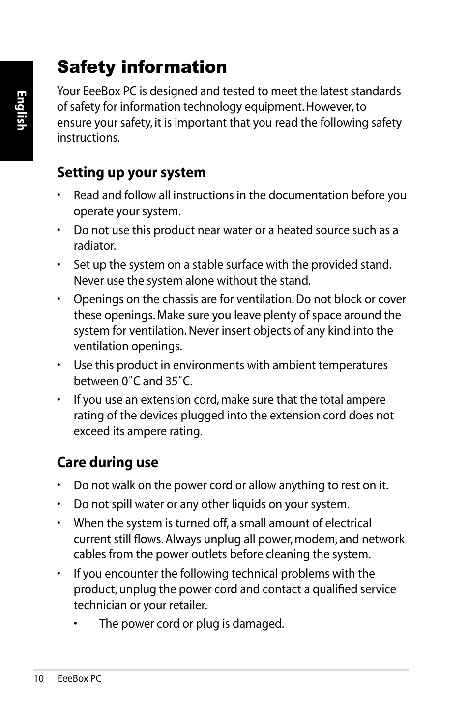 Safety information, Setting up your system, Care during use | Asus EB1021 User Manual | Page 10 / 40