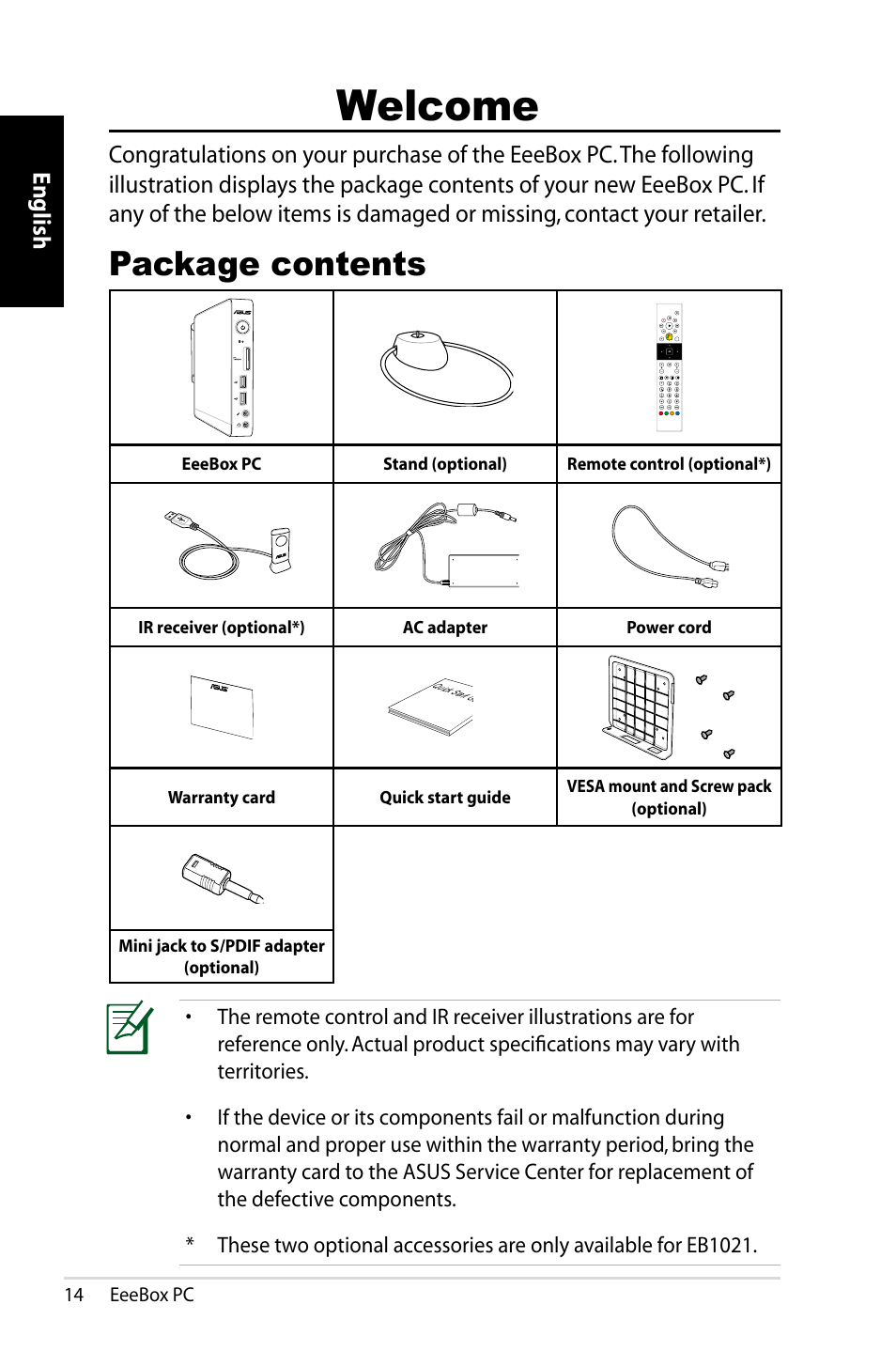 Welcome, Package contents, English | Asus EB1021 User Manual | Page 14 / 40