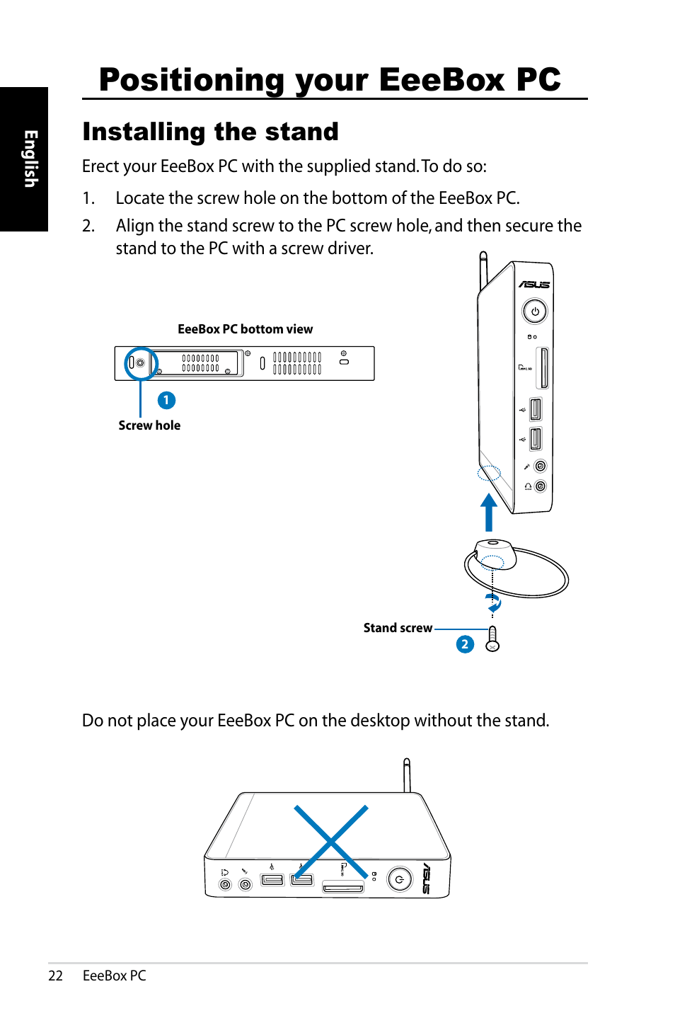 Positioning your eeebox pc, Installing the stand | Asus EB1021 User Manual | Page 22 / 40