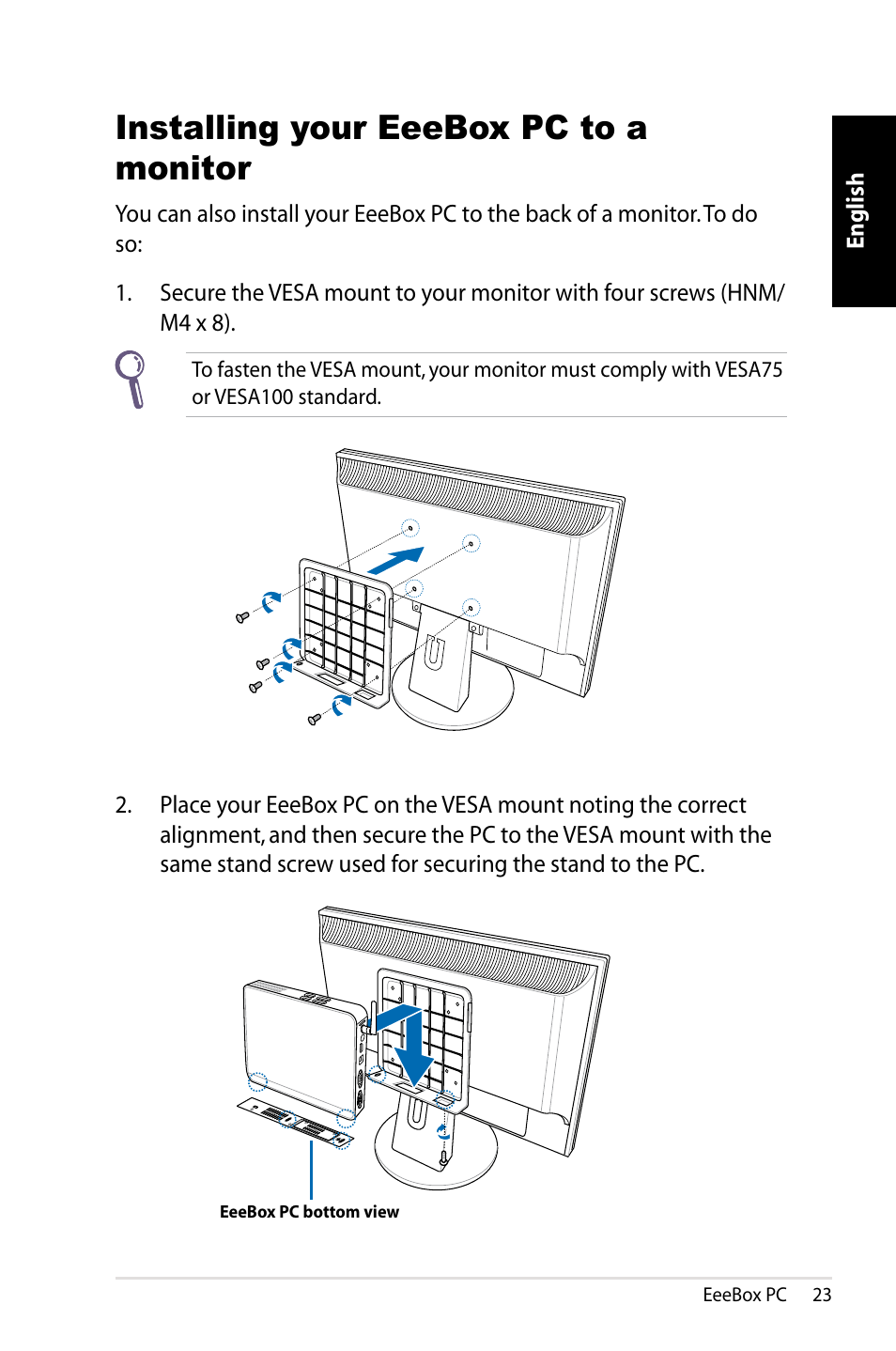 Installing your eeebox pc to a monitor | Asus EB1021 User Manual | Page 23 / 40