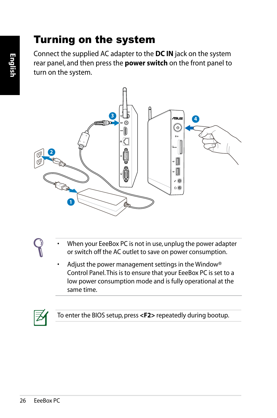 Turning on the system | Asus EB1021 User Manual | Page 26 / 40