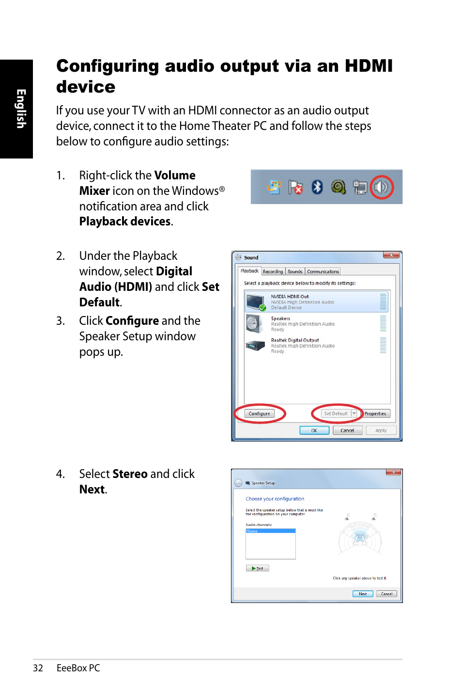 Configuring audio output via an hdmi device | Asus EB1021 User Manual | Page 32 / 40