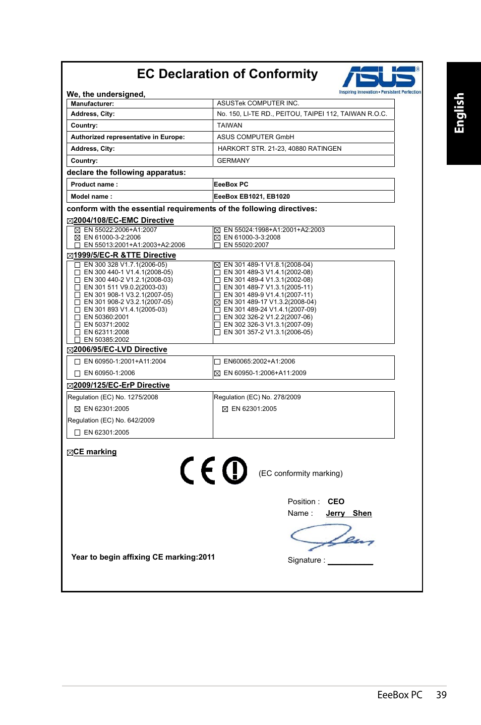 English, Ec declaration of conformity, Eeebox pc 9 | Asus EB1021 User Manual | Page 39 / 40