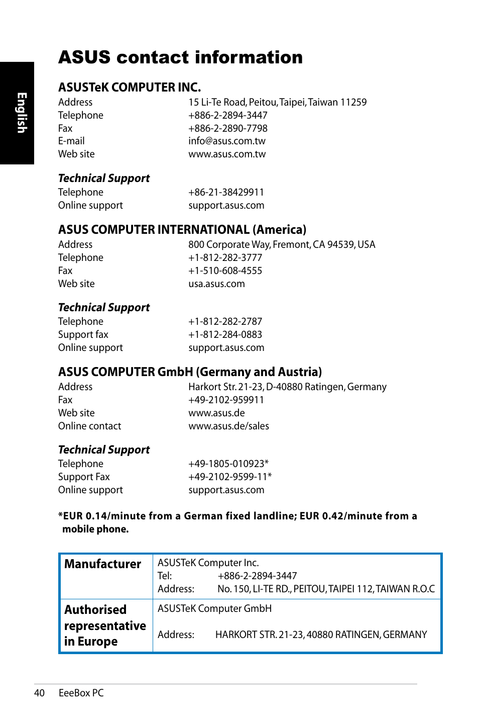 Asus contact information, English, Asustek computer inc | Asus computer international (america), Asus computer gmbh (germany and austria), Manufacturer, Authorised representative in europe | Asus EB1021 User Manual | Page 40 / 40