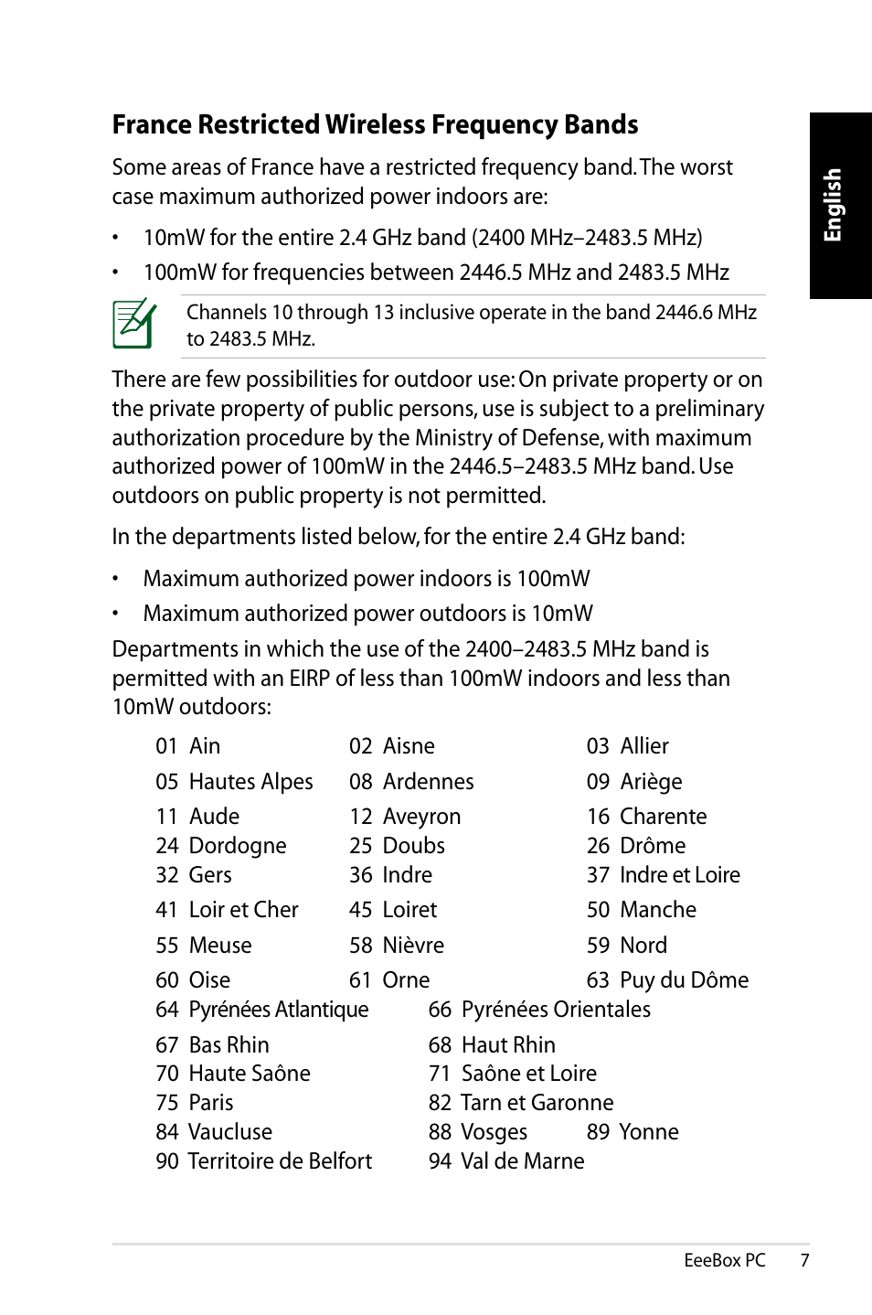 France restricted wireless frequency bands | Asus EB1021 User Manual | Page 7 / 40