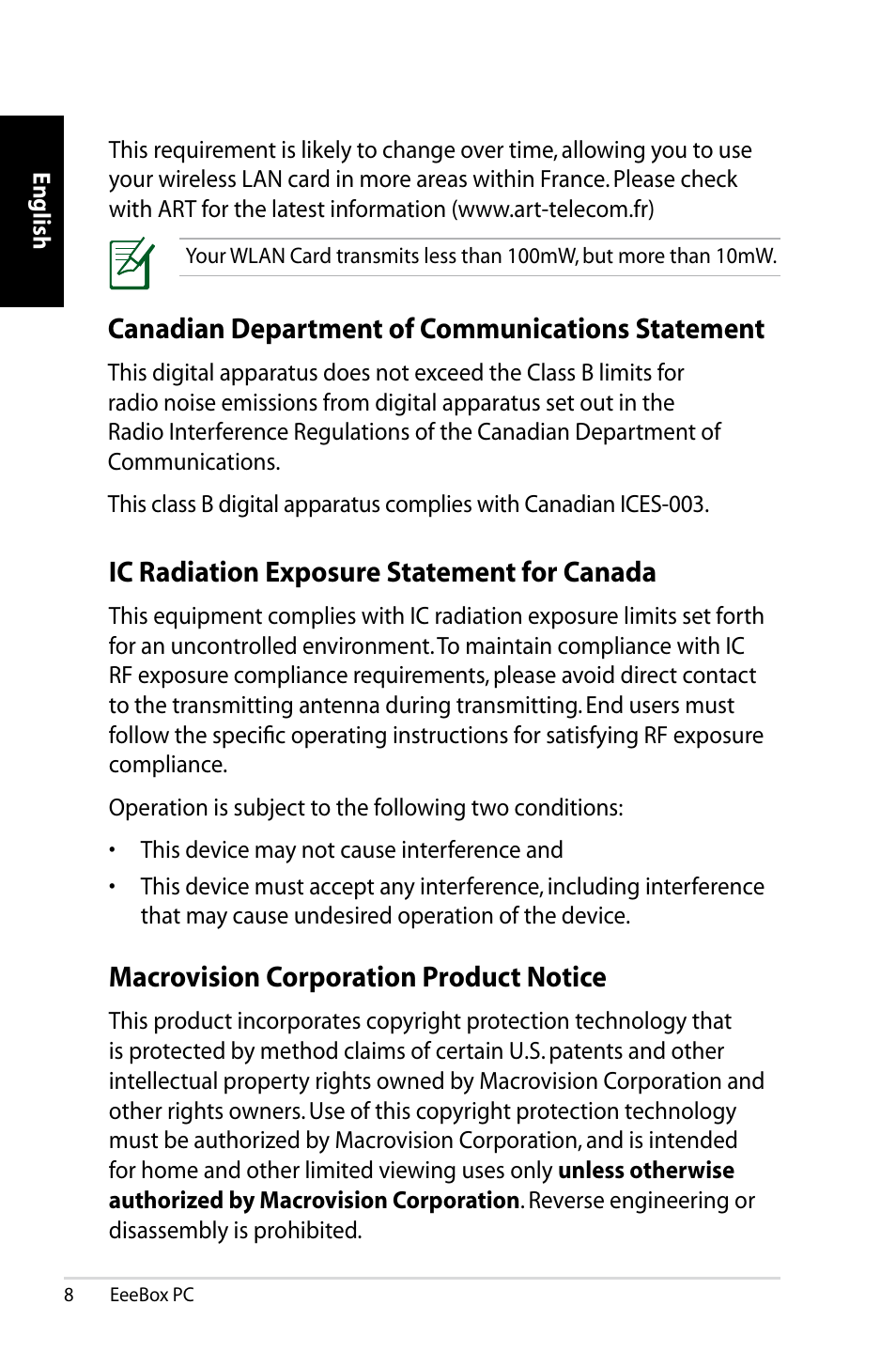 Canadian department of communications statement, Ic radiation exposure statement for canada, Macrovision corporation product notice | Asus EB1021 User Manual | Page 8 / 40