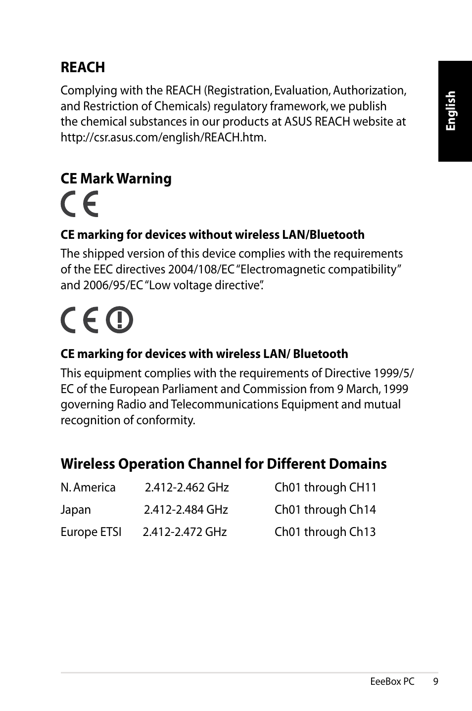 Ce mark warning, Reach, Wireless operation channel for different domains | Asus EB1021 User Manual | Page 9 / 40