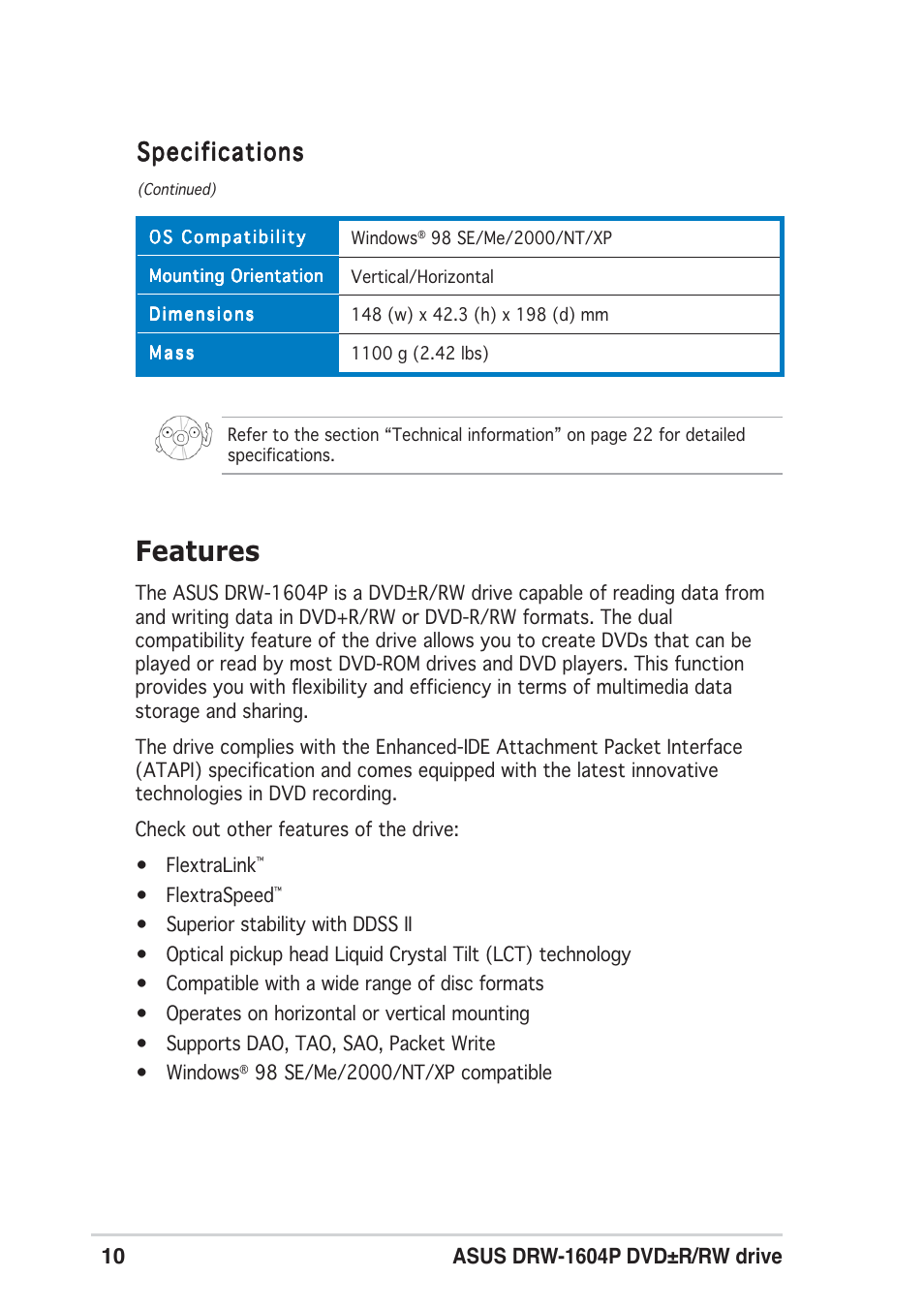 Features, Specifications | Asus DRW-1604P User Manual | Page 10 / 24