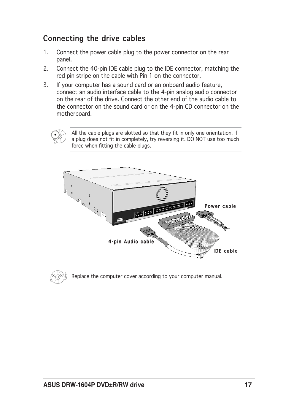 Connecting the drive cables | Asus DRW-1604P User Manual | Page 17 / 24