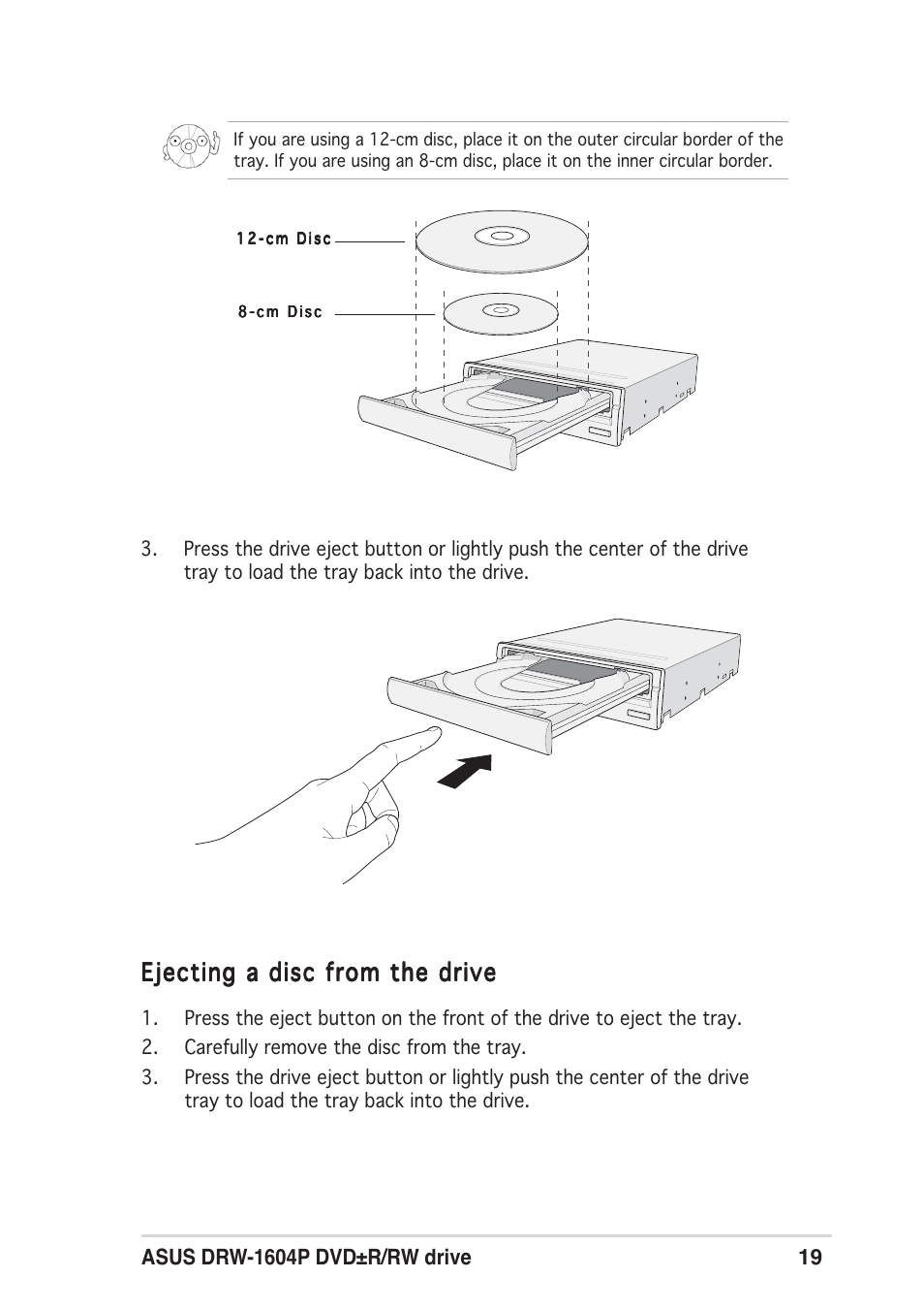 Ejecting a disc from the drive | Asus DRW-1604P User Manual | Page 19 / 24