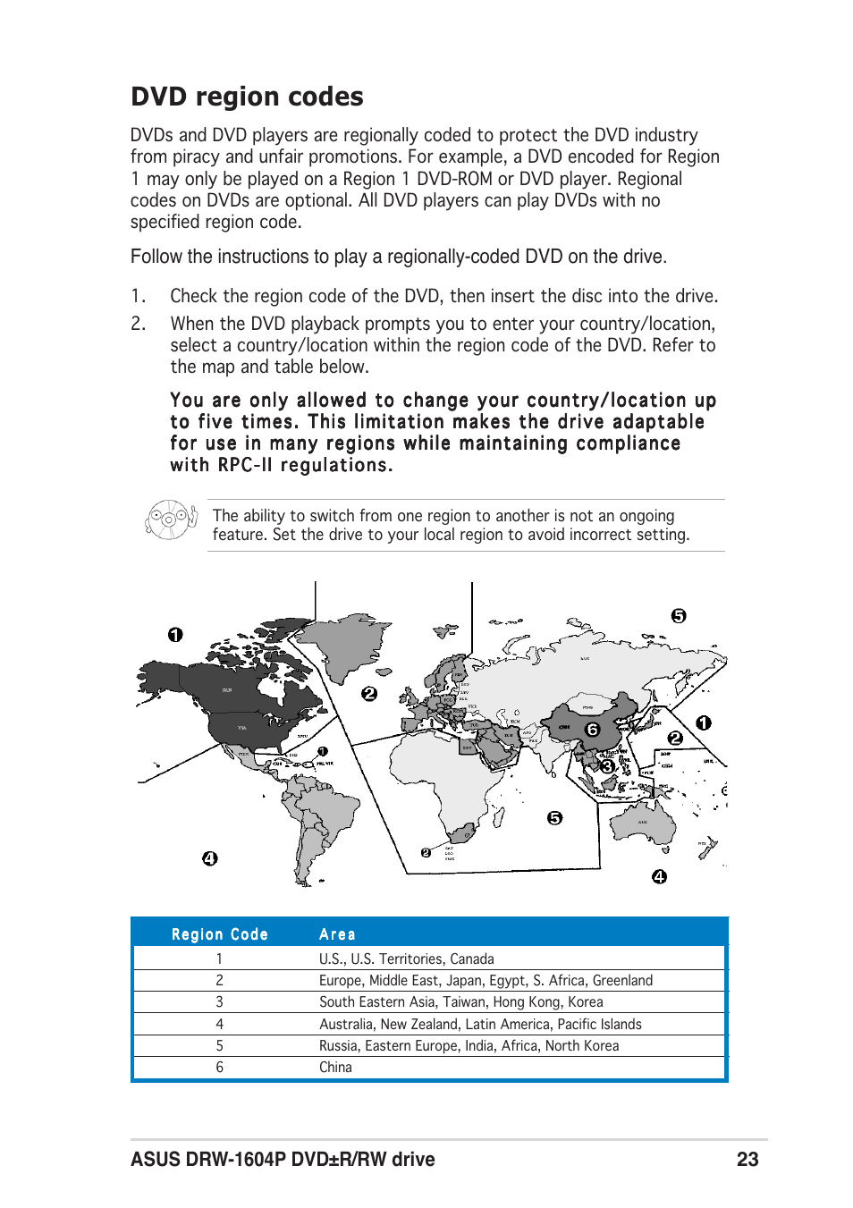 Dvd region codes | Asus DRW-1604P User Manual | Page 23 / 24