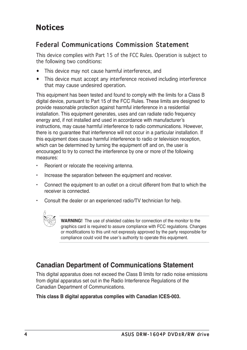 Notices, Canadian department of communications statement, Federal communications commission statement | Asus DRW-1604P User Manual | Page 4 / 24