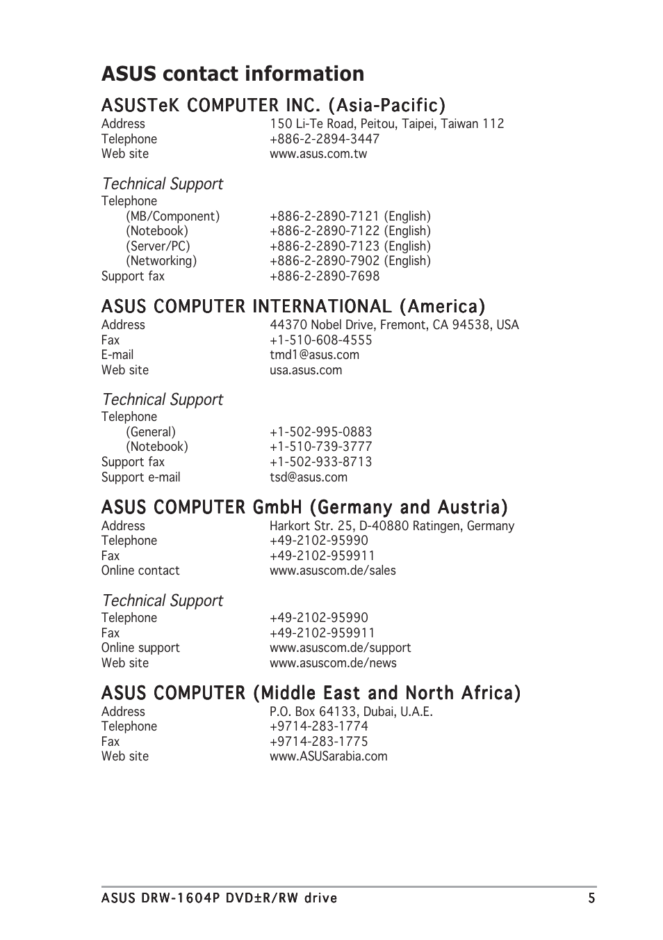 Asus contact information, Asustek computer inc. (asia-pacific), Asus computer international (america) | Asus computer gmbh (germany and austria), Asus computer (middle east and north africa) | Asus DRW-1604P User Manual | Page 5 / 24