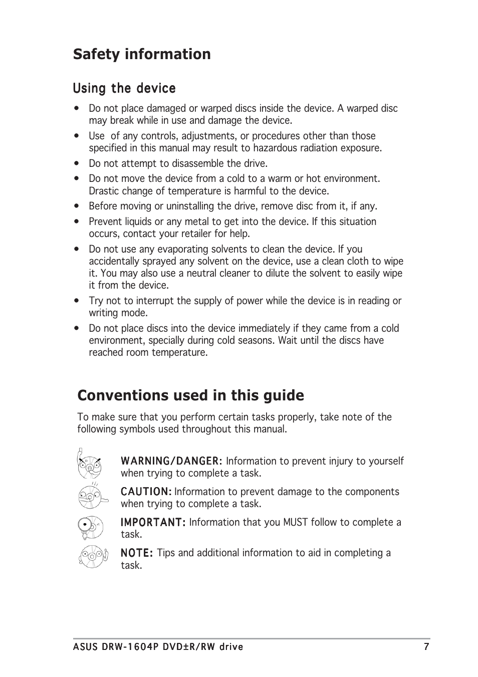 Safety information conventions used in this guide, Using the device | Asus DRW-1604P User Manual | Page 7 / 24