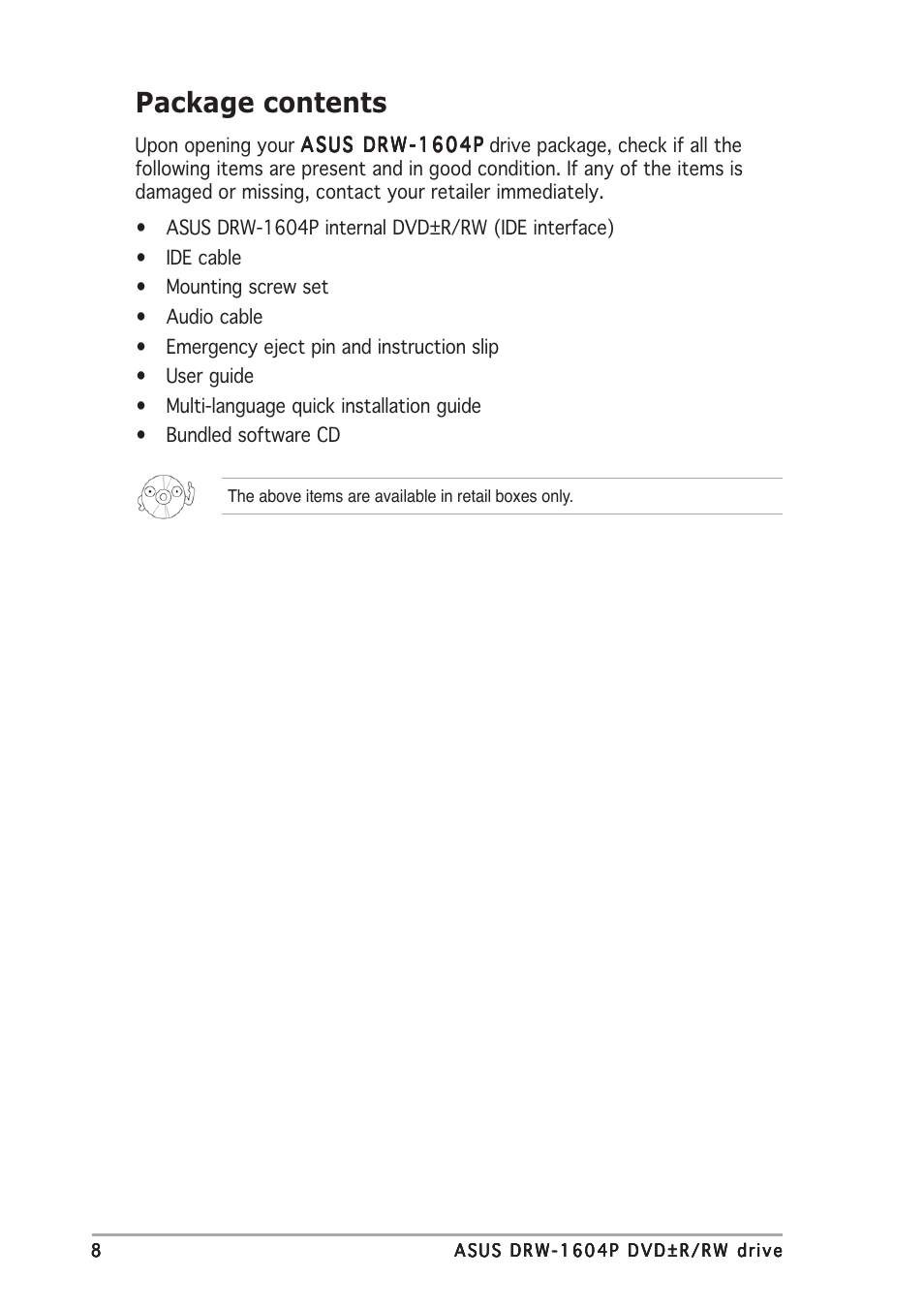 Package contents | Asus DRW-1604P User Manual | Page 8 / 24