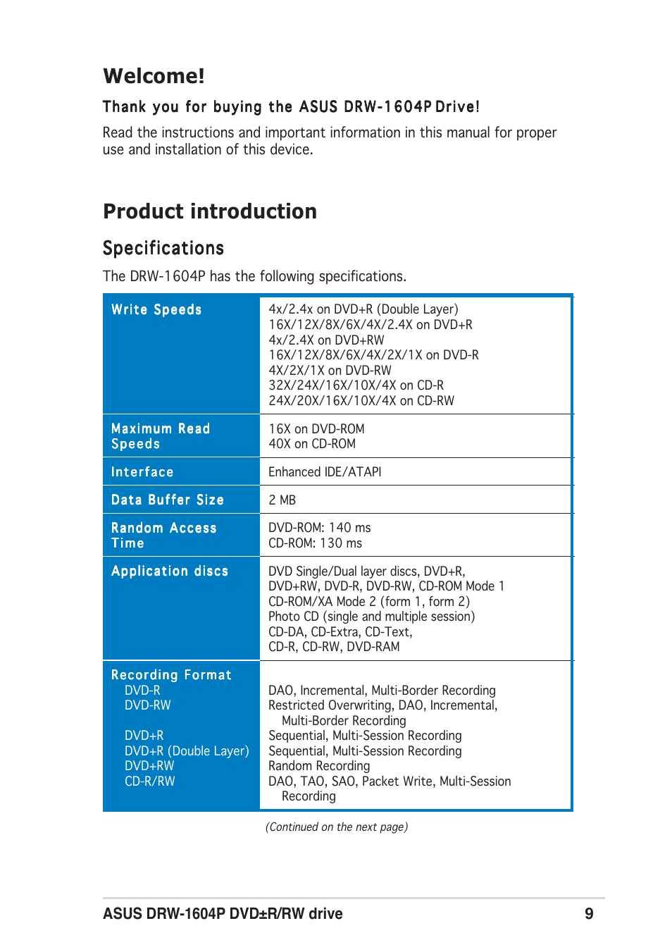 Product introduction, Welcome, Specifications | Asus DRW-1604P User Manual | Page 9 / 24