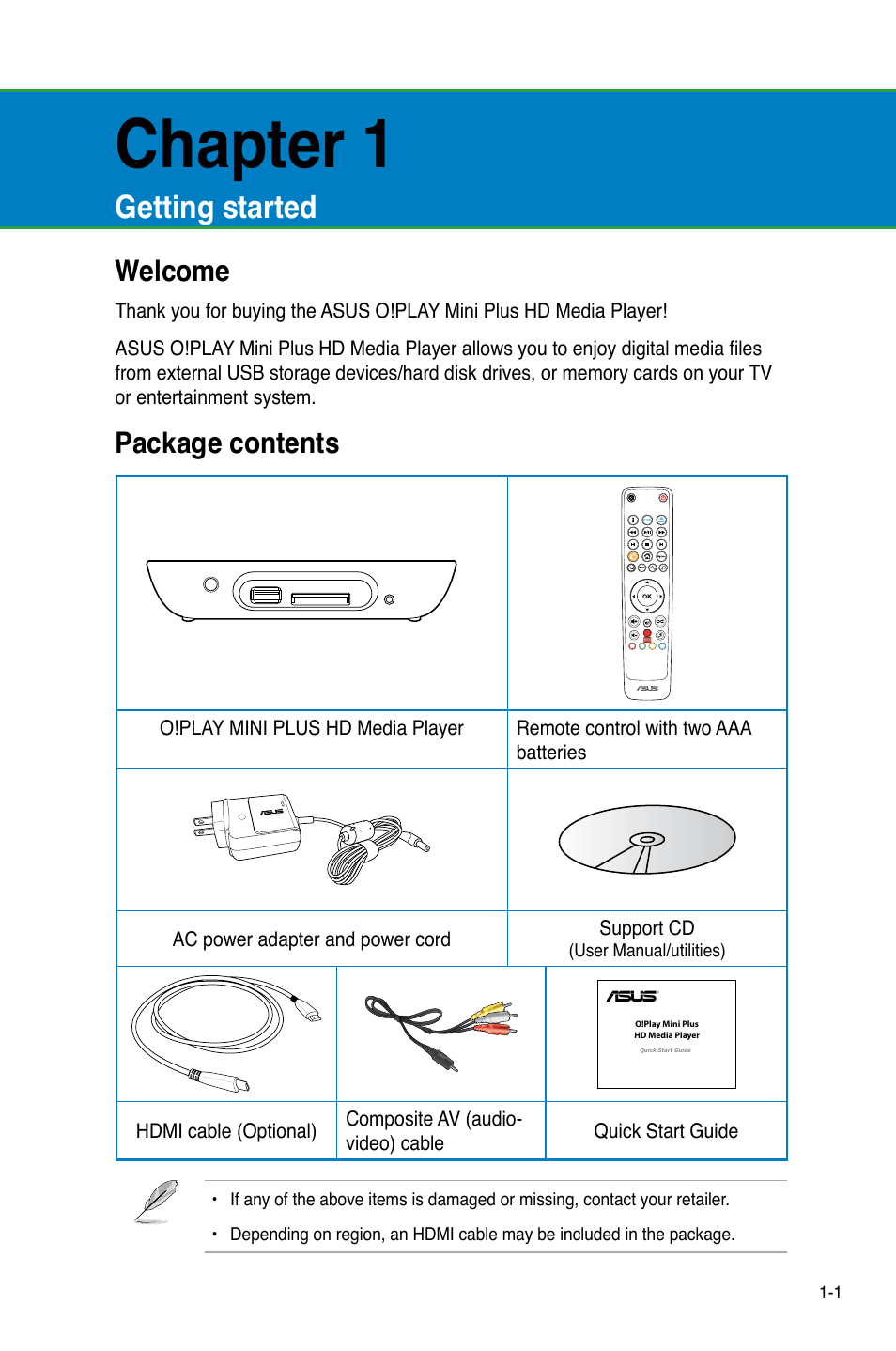 Chapter 1: getting started, Welcome, Package contents | Getting started, Welcome -1 package contents -1, Chapter 1 | Asus O!Play Mini Plus User Manual | Page 11 / 70