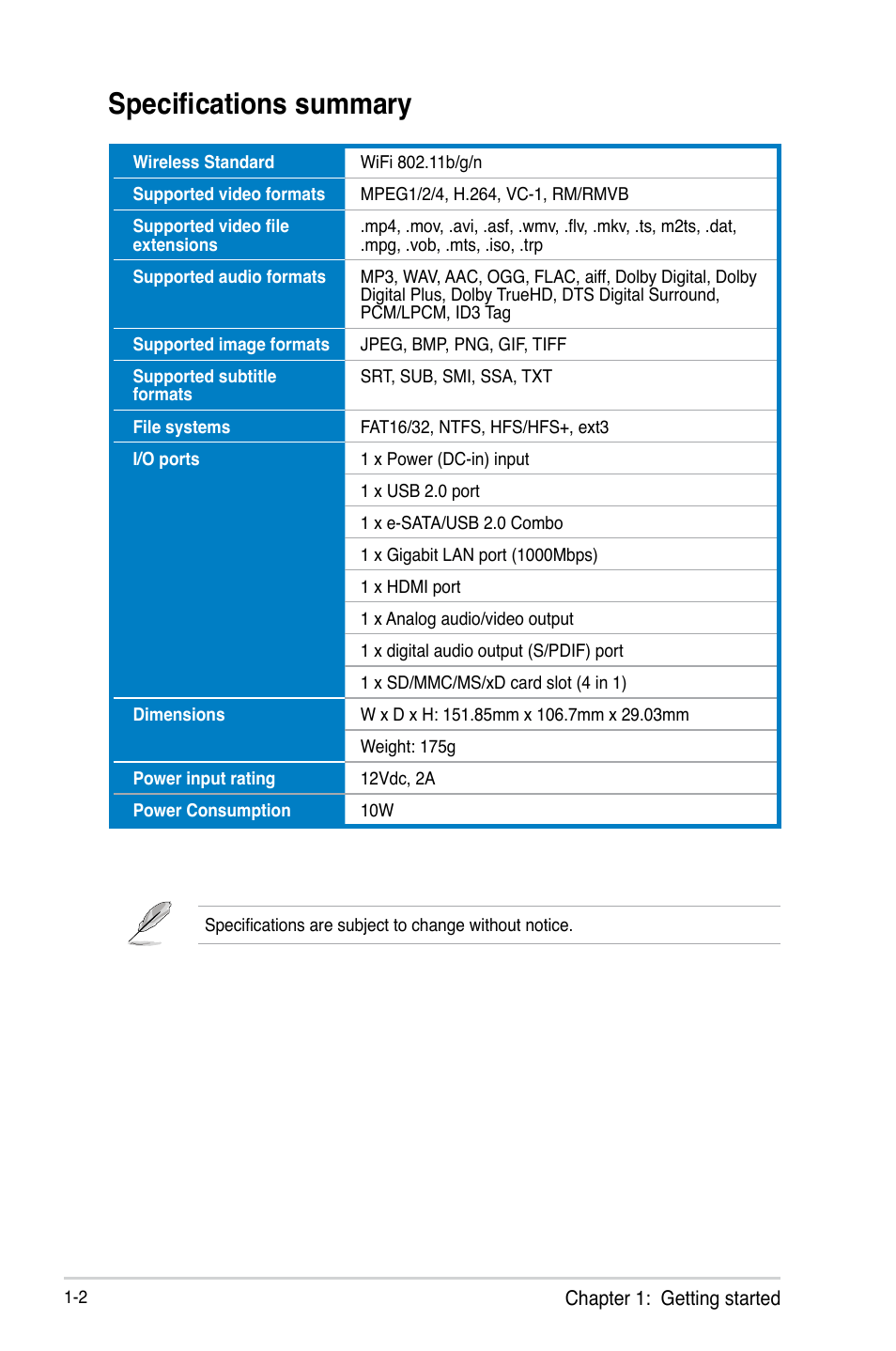 Specifications summary, Specifications summary -2 | Asus O!Play Mini Plus User Manual | Page 12 / 70