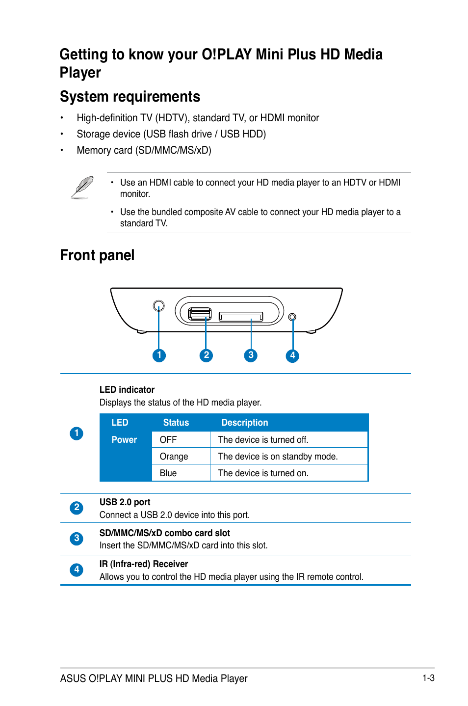 System requirements, Front panel | Asus O!Play Mini Plus User Manual | Page 13 / 70