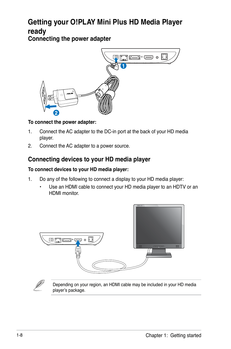 Connecting the power adapter, Connecting devices to your hd media player | Asus O!Play Mini Plus User Manual | Page 18 / 70